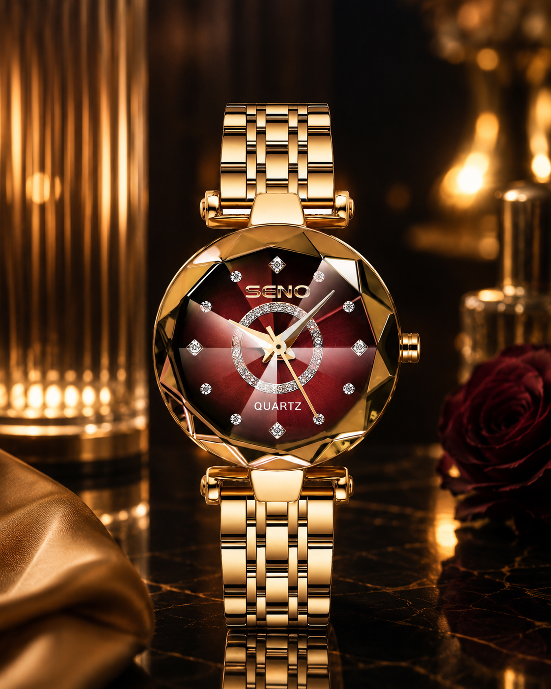 Relógio feminino Seno dourado com mostrador vermelho e detalhes em strass